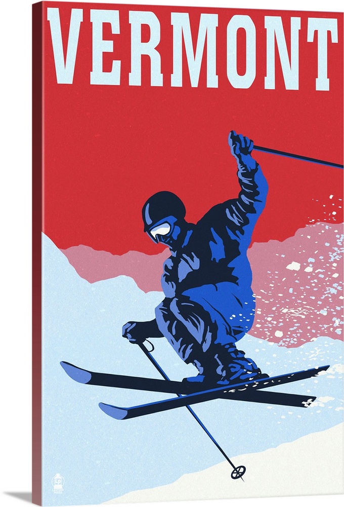 Vermont - Colorblocked Skier: Retro Travel Poster