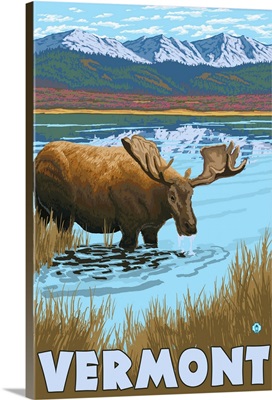 Vermont - Moose Drinking in Lake: Retro Travel Poster