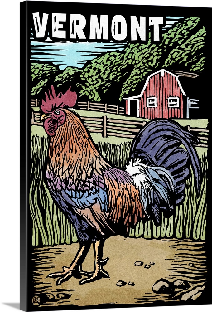Vermont, Rooster, Scratchboard Wall Art, Canvas Prints, Framed Prints