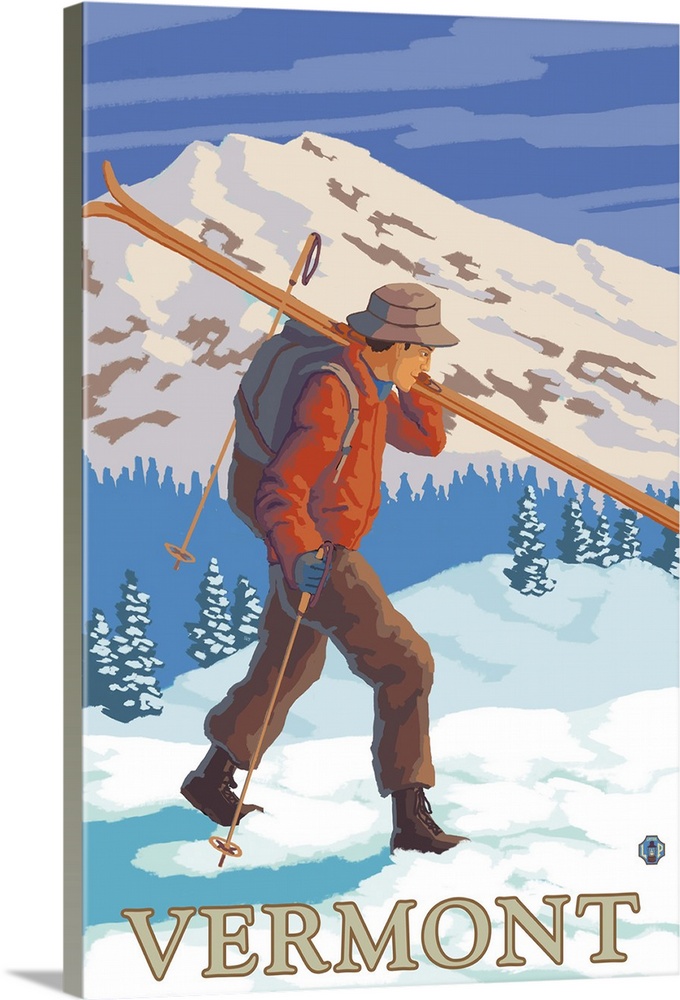 Vermont - Skier Carrying Skis: Retro Travel Poster
