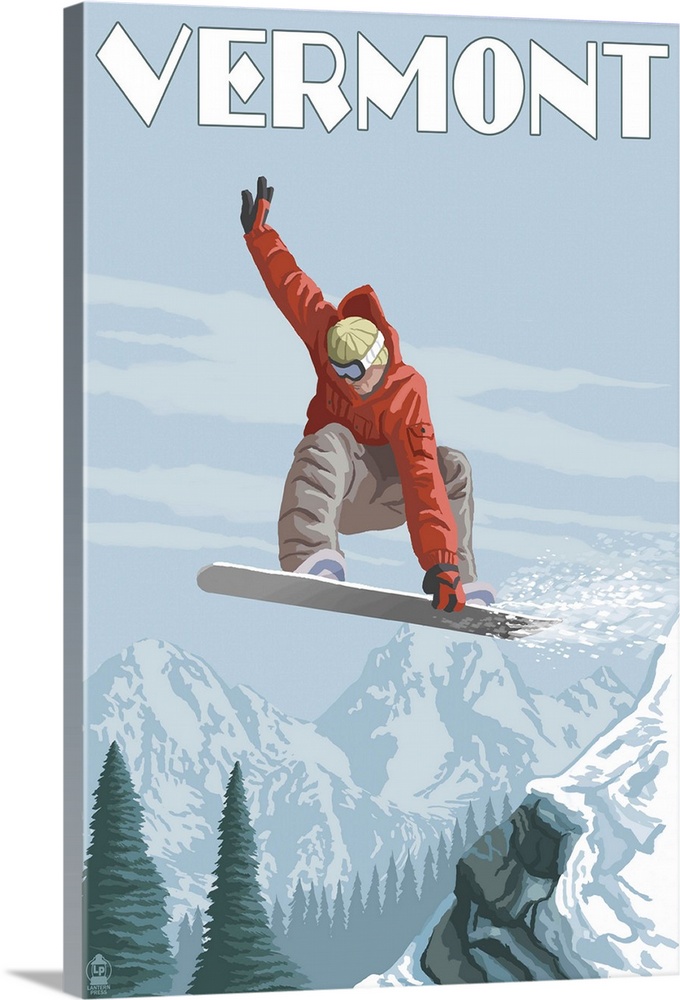 Retro stylized art poster of a snowboarder jumping in the air, with a mountainous valley in the background.