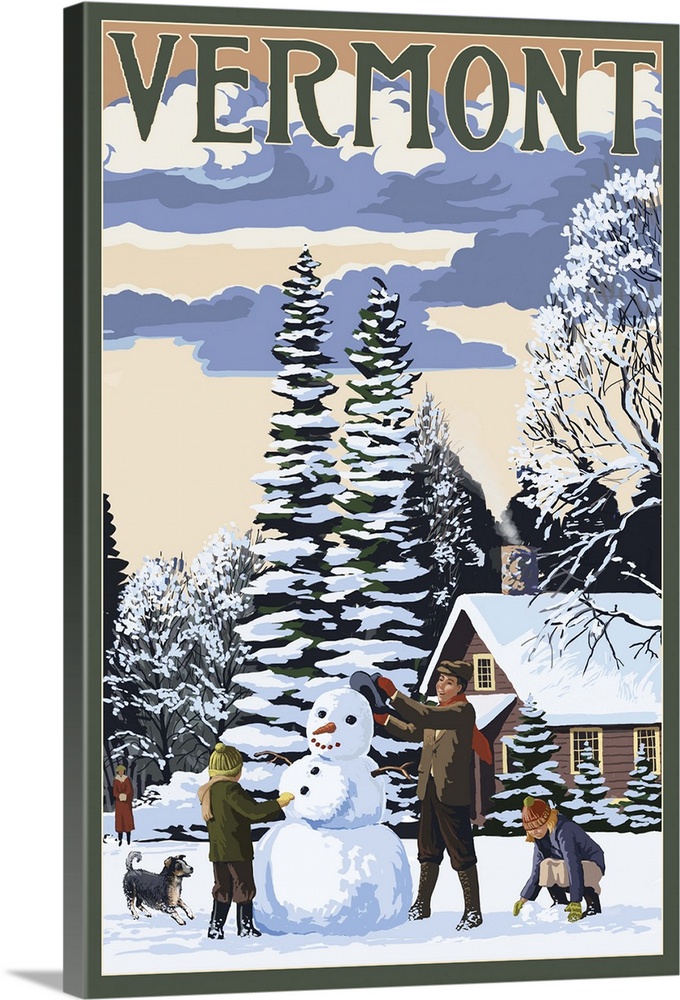 Vermont - Snowman Scene: Retro Travel Poster