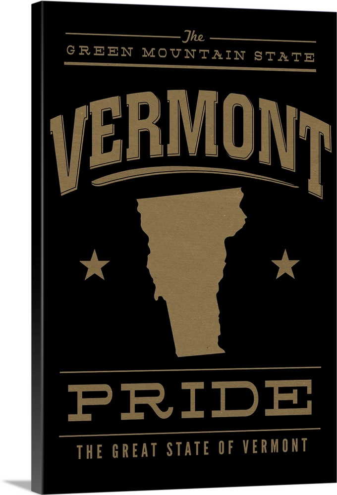 The Vermont state outline on black with gold text.