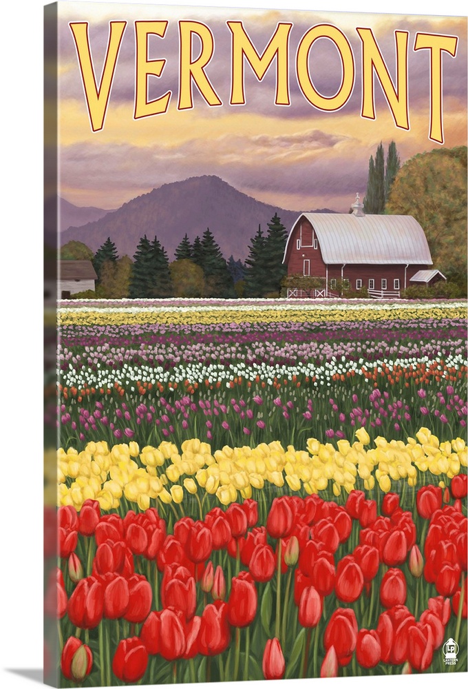 Retro stylized art poster of a tulip field with a barn in the background.