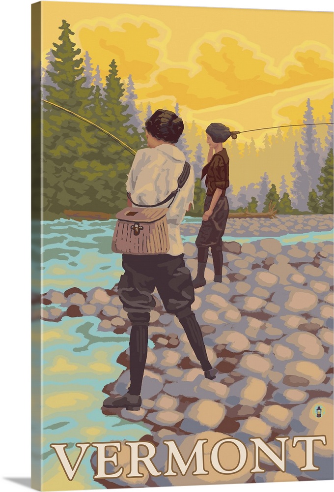Vermont - Women Fly Fishing Scene: Retro Travel Poster