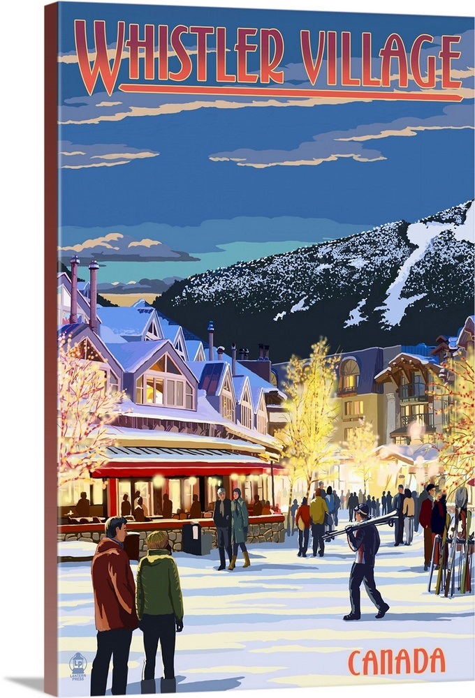 Village Scene Whistler, Canada Retro Travel Poster Wall Art, Canvas