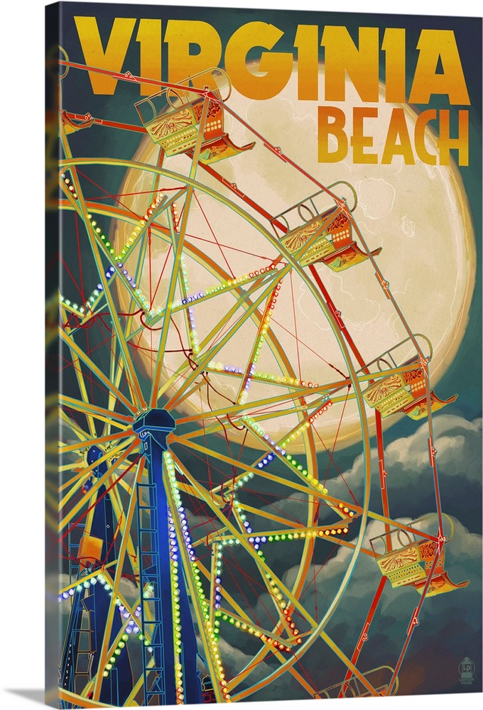 Virginia Beach, Virginia - Ferris Wheen and Full Moon: Retro Travel Poster