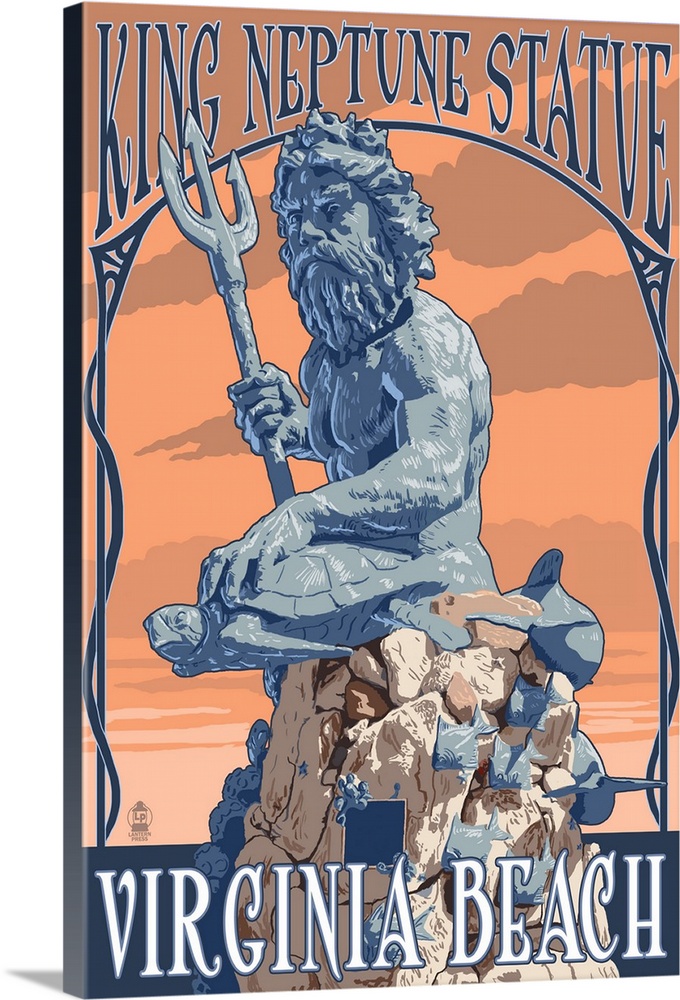 Retro stylized art poster of a statue of king Neptune.