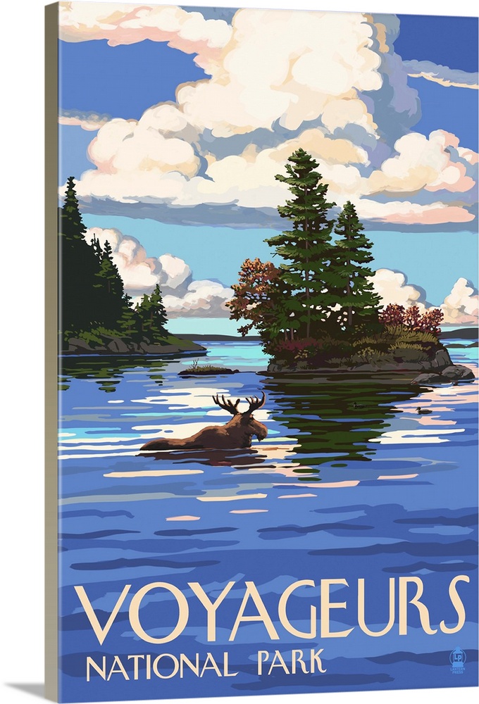 Voyageurs National Park, Moose Swimming: Retro Travel Poster