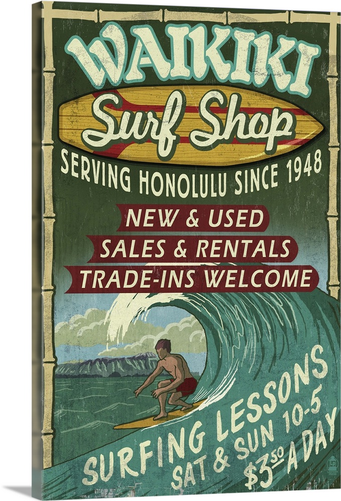 Waikiki Beach, Hawaii - Surf Shop Vintage Sign: Retro Travel Poster