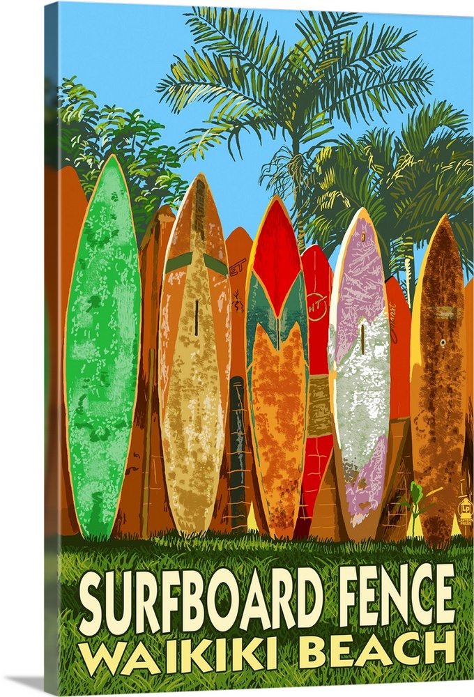 Waikiki Beach, Hawaii - Surfboard Fence: Retro Travel Poster