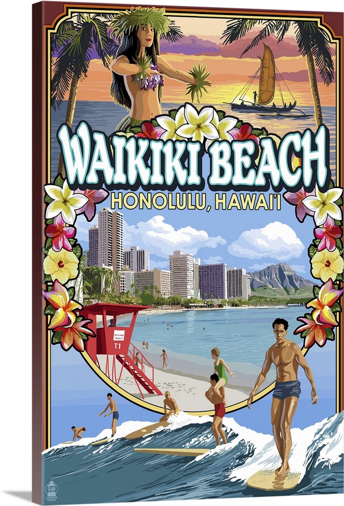 Waikiki Beach, Oahu, Hawaii - Scenes: Retro Travel Poster