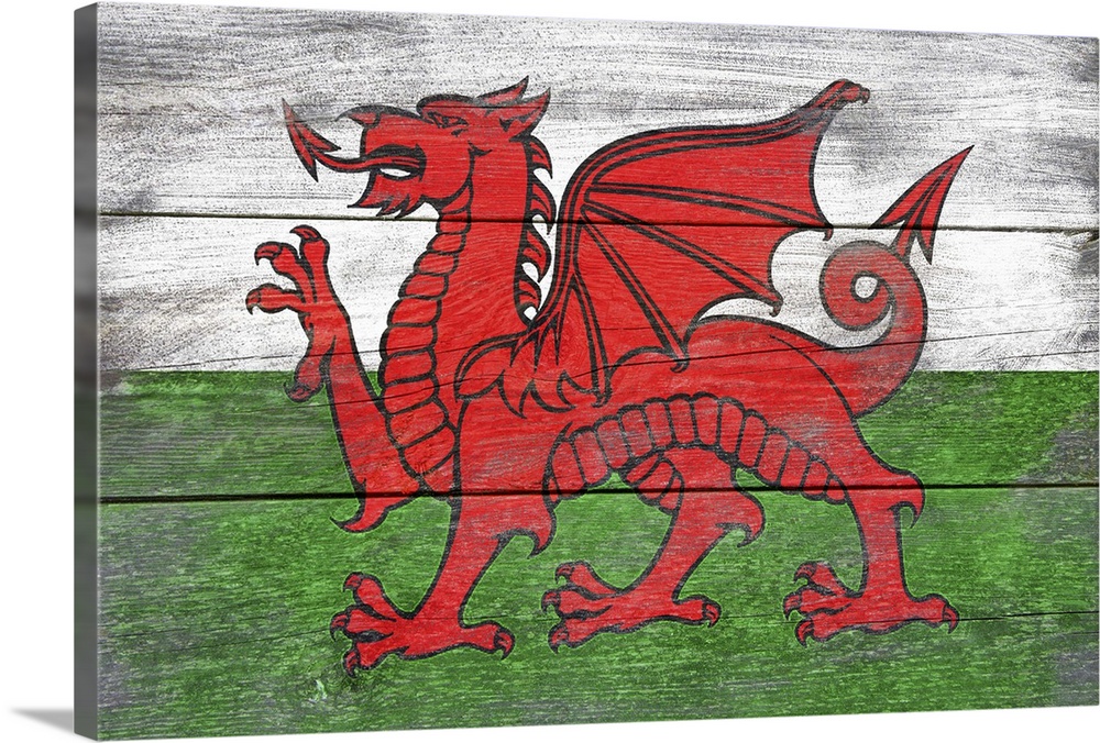 The flag of Wales with a weathered wooden board effect.
