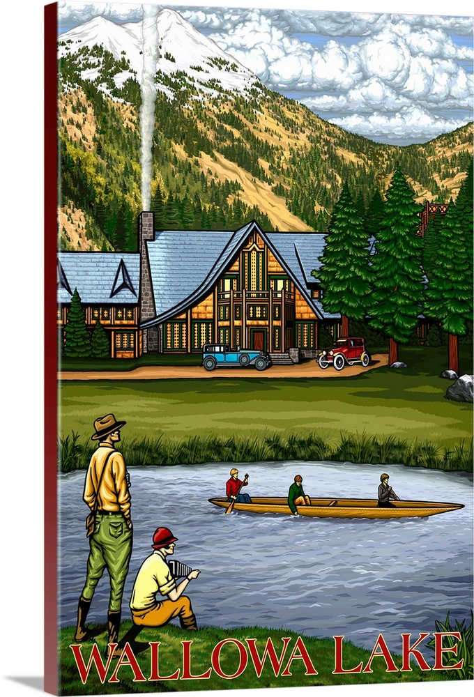 Wallowa Lake, OR - Lodge and Lake Scene: Retro Travel Poster