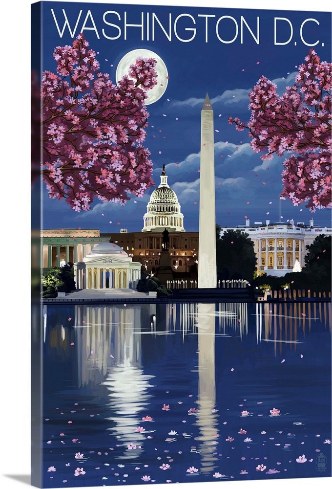 Washington, DC - Night Scene: Retro Travel Poster