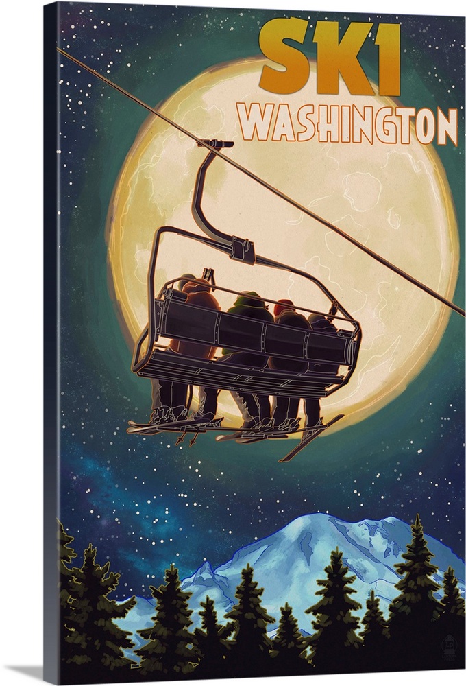 Washington - Ski Lift and Full Moon: Retro Travel Poster