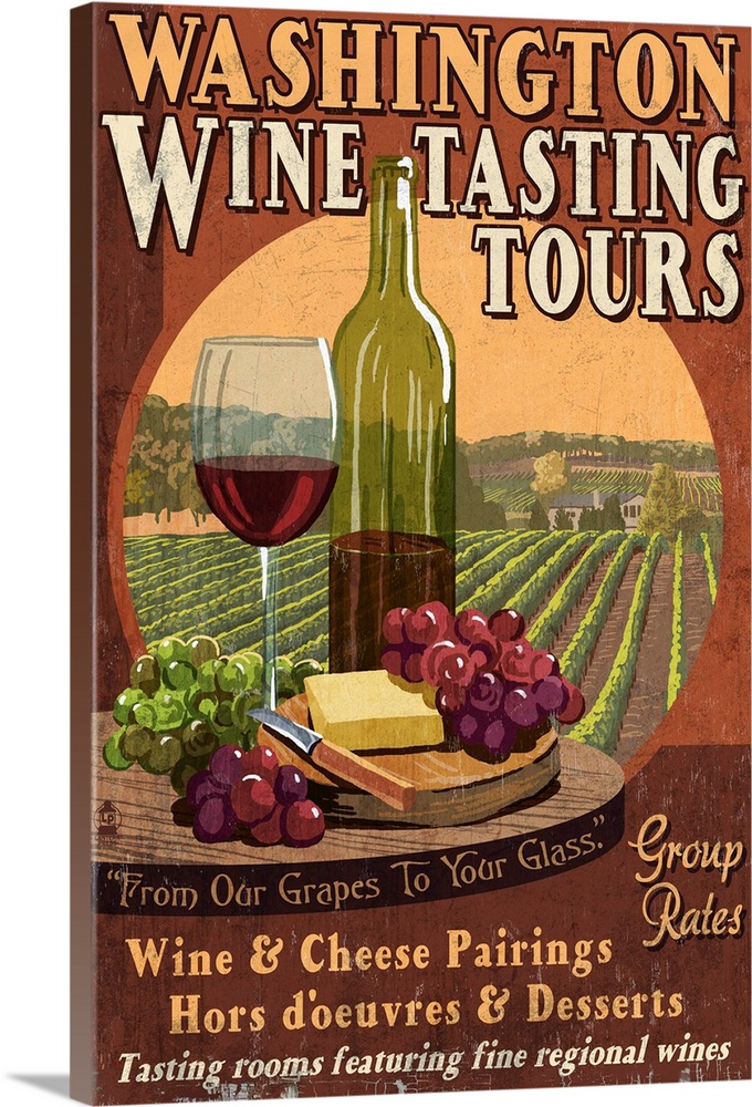 Retro stylized art poster of a glass of red wine with cheese and grapes. With a vineyard in the background.