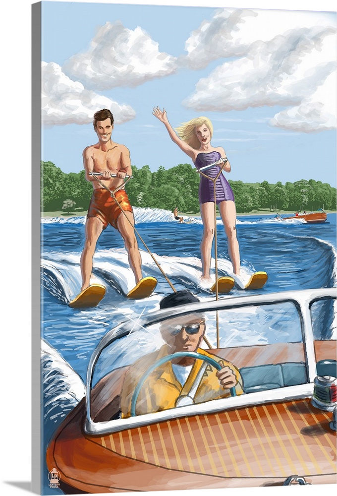 Water Skiing and Wooden Boat (Hill Background): Retro Poster Art