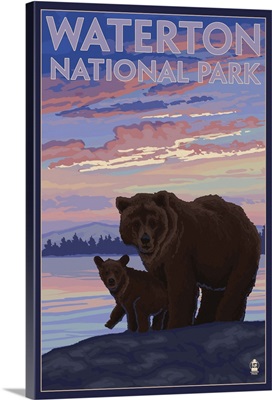 Waterton National Park, Canada - Bear and Cub: Retro Travel Poster