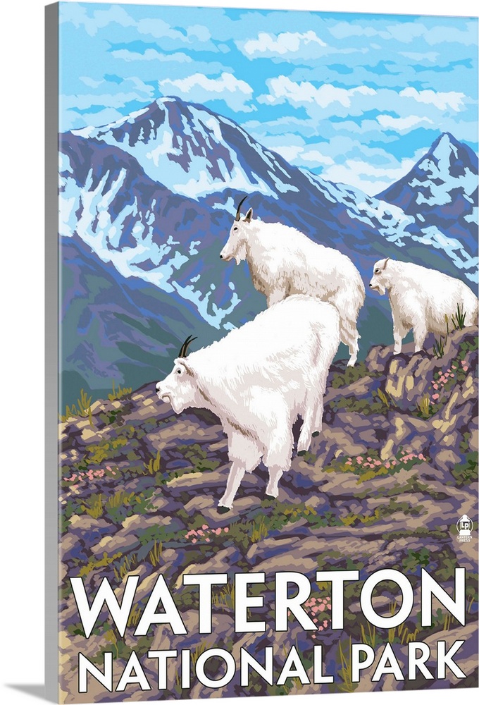 Waterton National Park, Canada - Goat Family: Retro Travel Poster