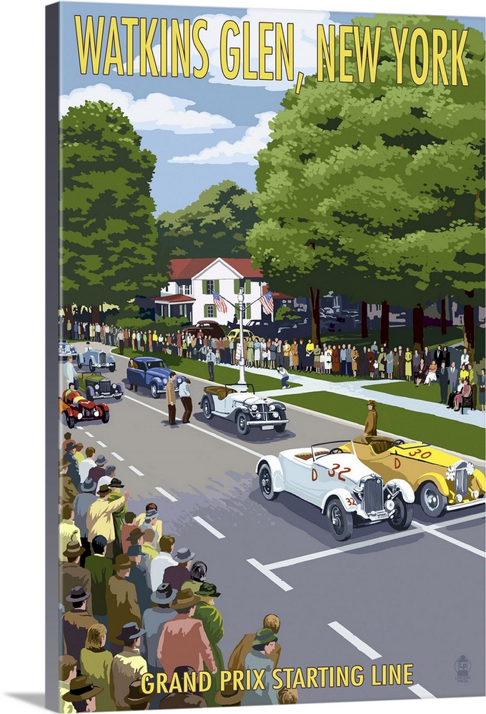 Watkins Glen State Park, New York - Grand Prix Starting Line: Retro Travel Poster