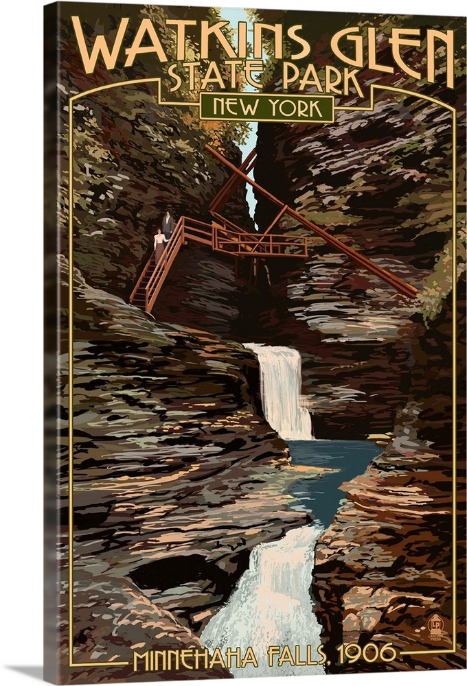 Watkins Glen State Park, New York - Minnehaha Falls: Retro Travel Poster