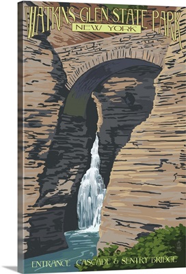 Watkins Glen State Park, NY: Entrance Cascade and Sentry Bridge: Retro Travel Poster