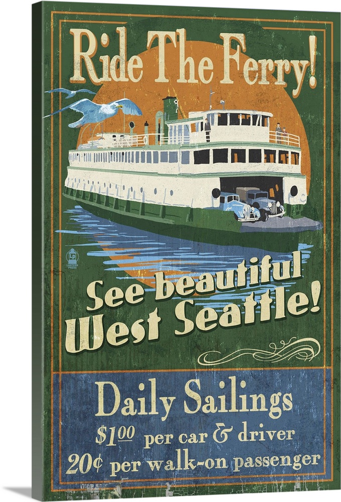 Retro stylized art poster of a vintage sign with a ferry on the water.