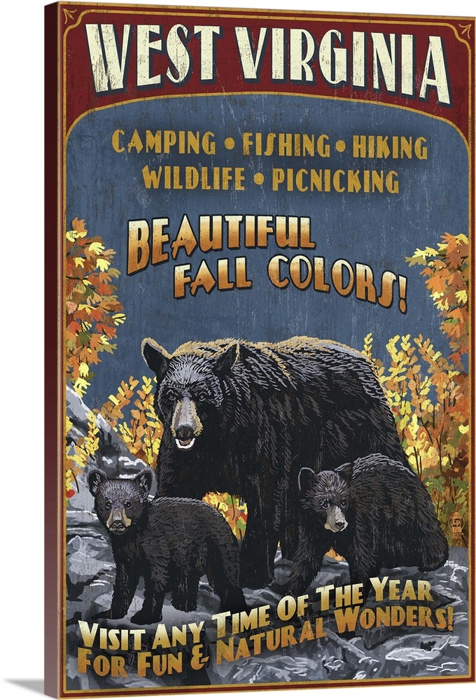West Virginia - Black Bear Family Vintage Sign: Retro Travel Poster