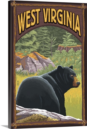 West Virginia - Black Bear in Forest: Retro Travel Poster Wall Art