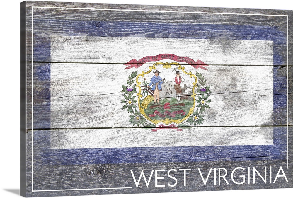 The flag of West Virginia with a weathered wooden board effect.
