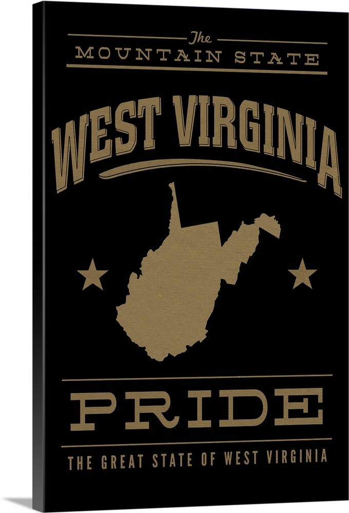 The West Virginia state outline on black with gold text.