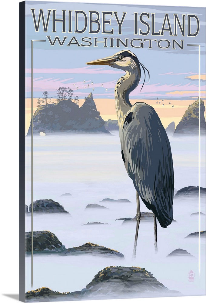 Retro stylized art poster of a blue heron standing in hazy rocky landscape.