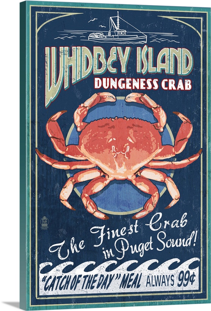 Whidbey Island, Washington - Dungeness Crab Vintage Sign: Retro Travel Poster