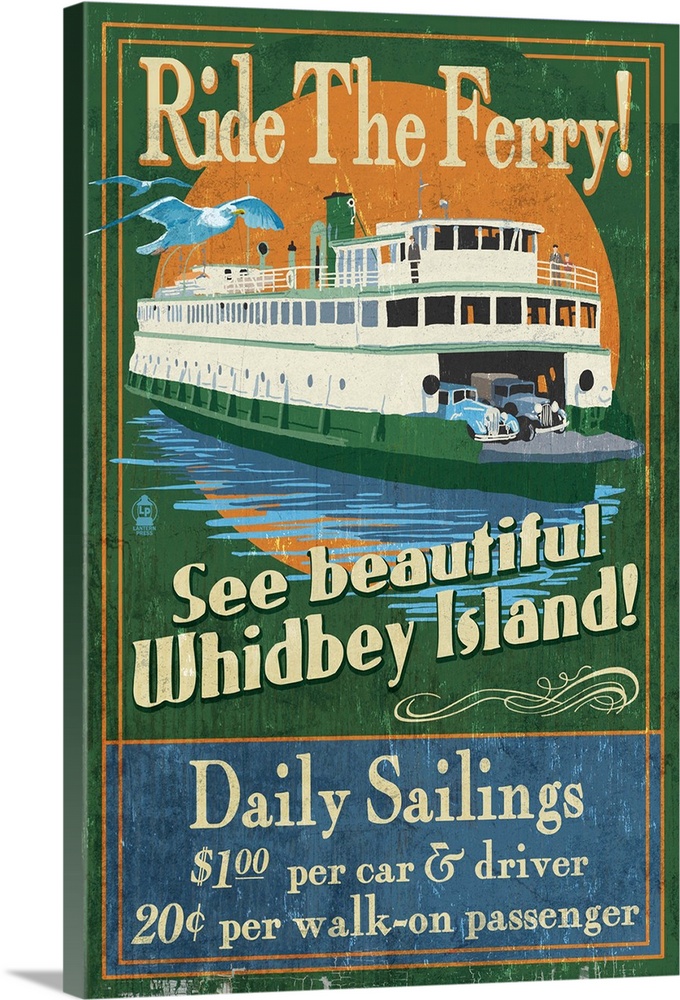 Retro stylized art poster of a ferry on the water, with a bird flying beside it.