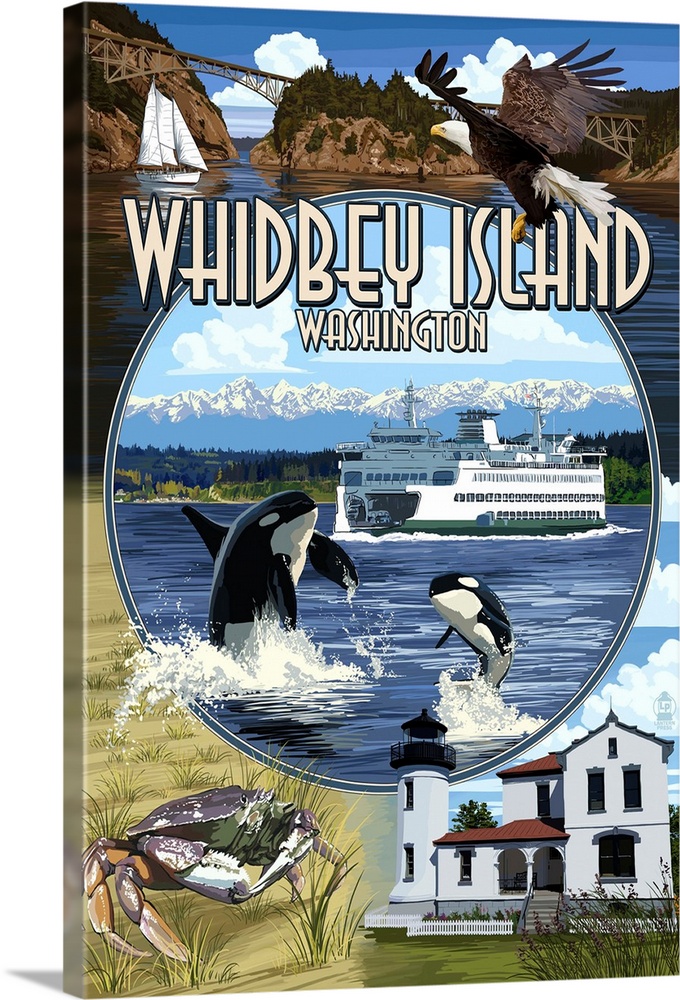 Retro stylized art poster of montage of sights including orca whales, crabs a lighthouse and and eagle in flight.