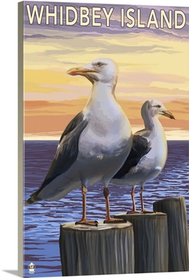 Whidbey Island, Washington - Seagulls: Retro Travel Poster