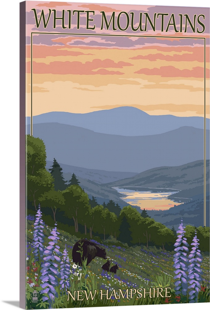 White Mountains, New Hampshire - Bears and Spring Flowers: Retro Travel Poster