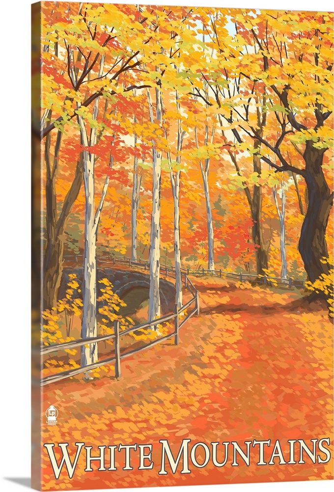 Retro stylized art poster of leaf covered road through an autumn colored forest. With a fence running alongside the road.