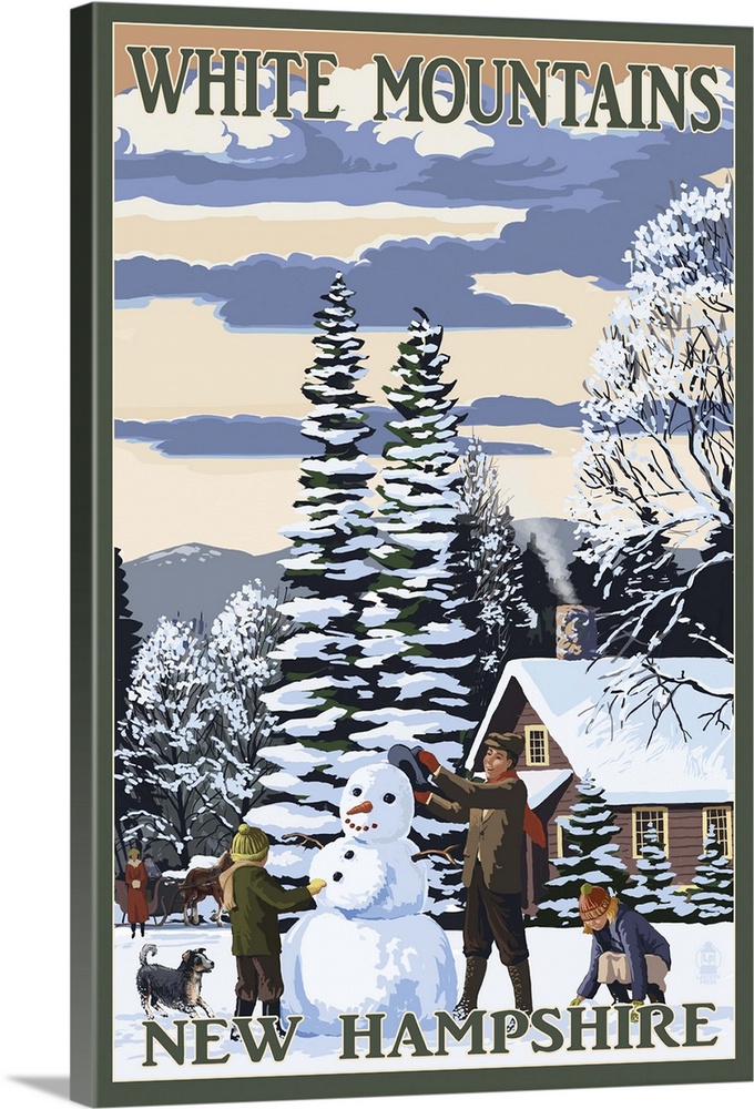 White Mountains, New Hampshire - Snowman and Cabin: Retro Travel Poster