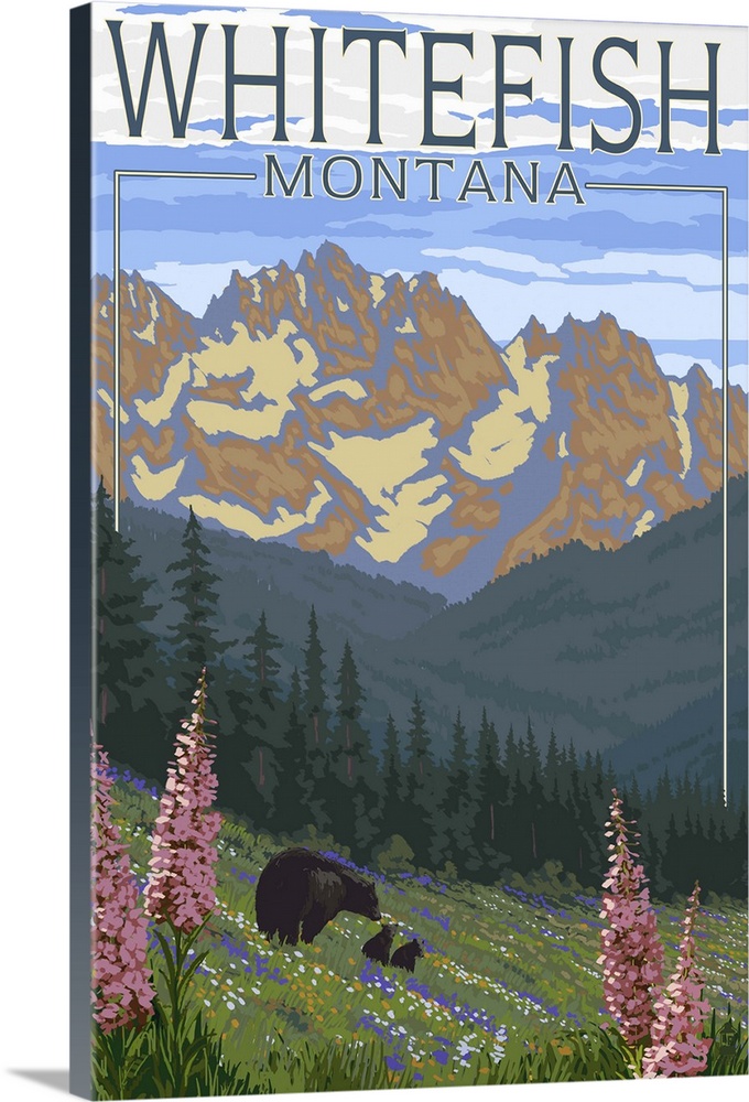 Whitefish, Montana - Bear and Spring Flowers: Retro Travel Poster