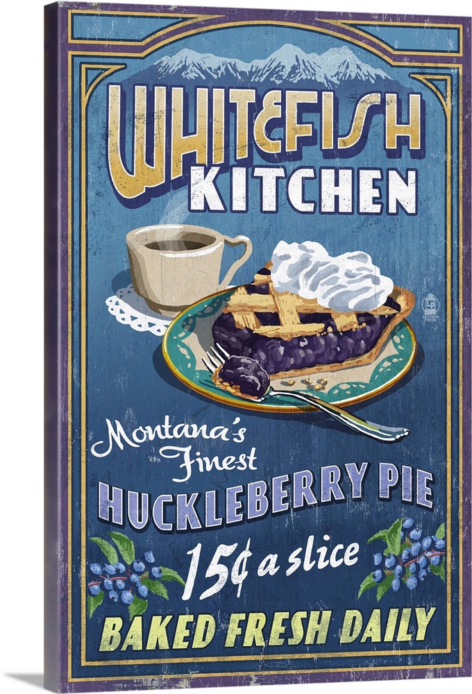 Retro stylized art poster of a sign with a slice of huckleberry pie and a cup of coffee.