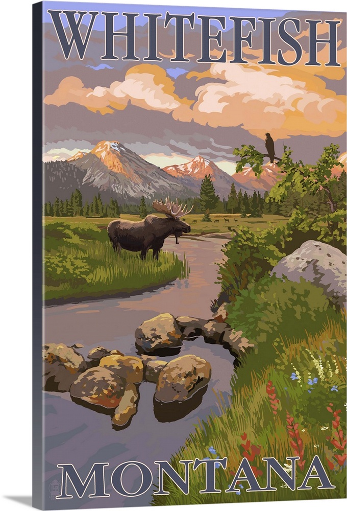 Whitefish, Montana - Moose and Meadow: Retro Travel Poster