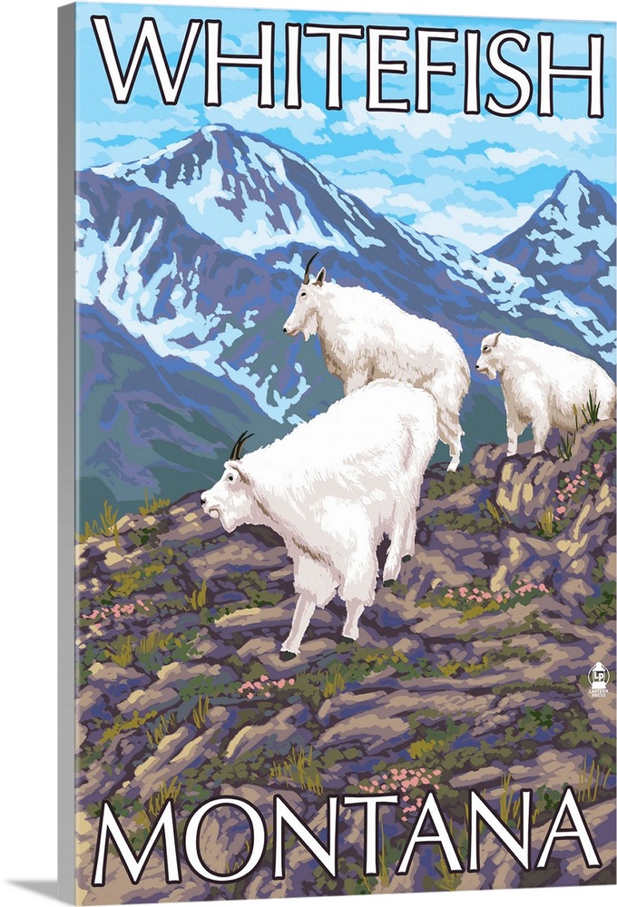 Whitefish, Montana - Mountain Goat Family: Retro Travel Poster