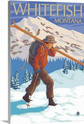 Whitefish, Montana - Skier Carrying: Retro Travel Poster