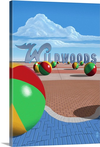 Wildwood, New Jersey - Beach Balls and Sign: Retro Travel Poster Stretched Canvas Print