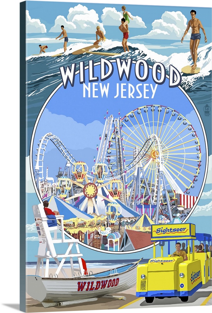 Bewustzijn Glad lijst Wildwood, New Jersey - Montage: Retro Travel Poster Wall Art, Canvas  Prints, Framed Prints, Wall Peels | Great Big Canvas