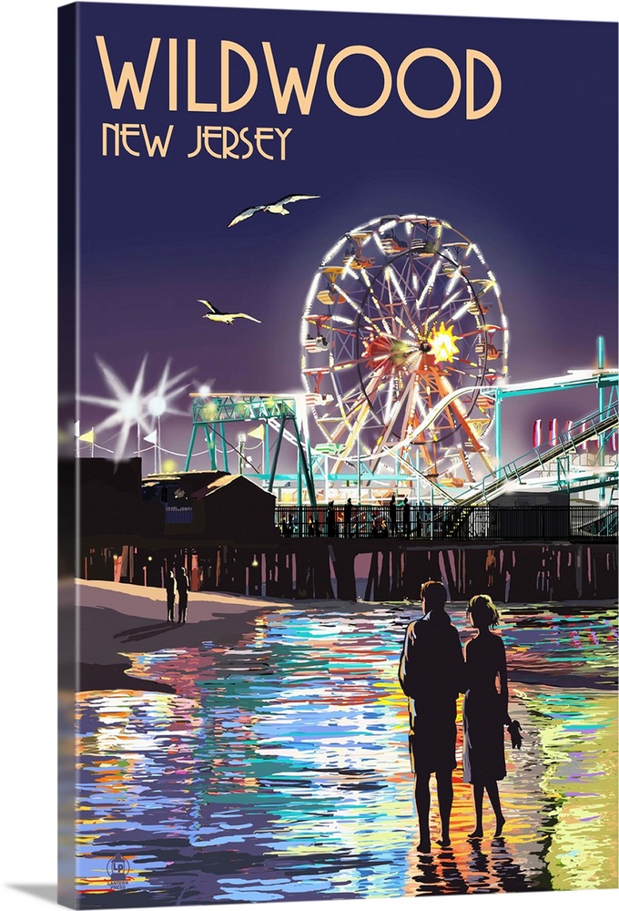 Wildwood, New Jersey - Pier and Rides at Night: Retro Travel Poster