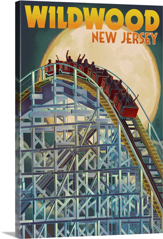 Wildwood, New Jersey - Roller Coaster and Moon: Retro Travel Poster