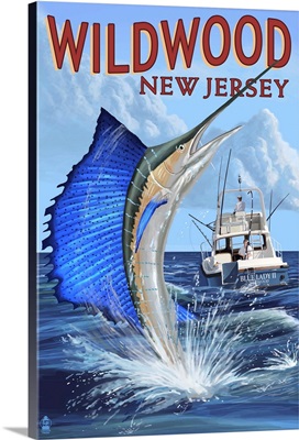 Wildwood, New Jersey - Sailfish Fishing Scene: Retro Travel Poster